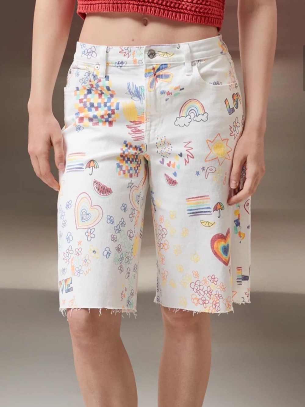 American Eagle Baggy Bermuda Pride Doodle Print Raw Hem Denim Shorts Size 8